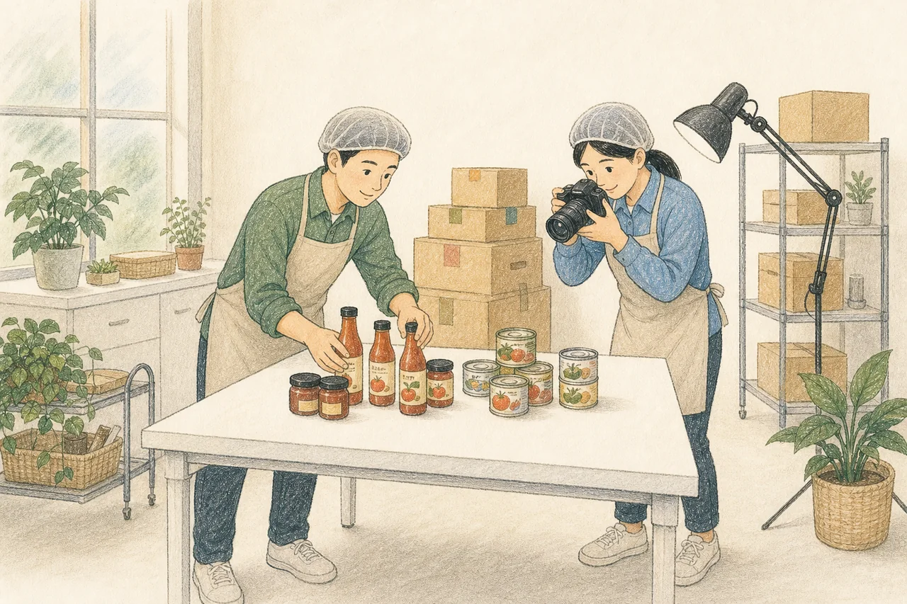 兩位工作者在樣品室擺放醬料與罐頭並拍攝產品照片的插畫