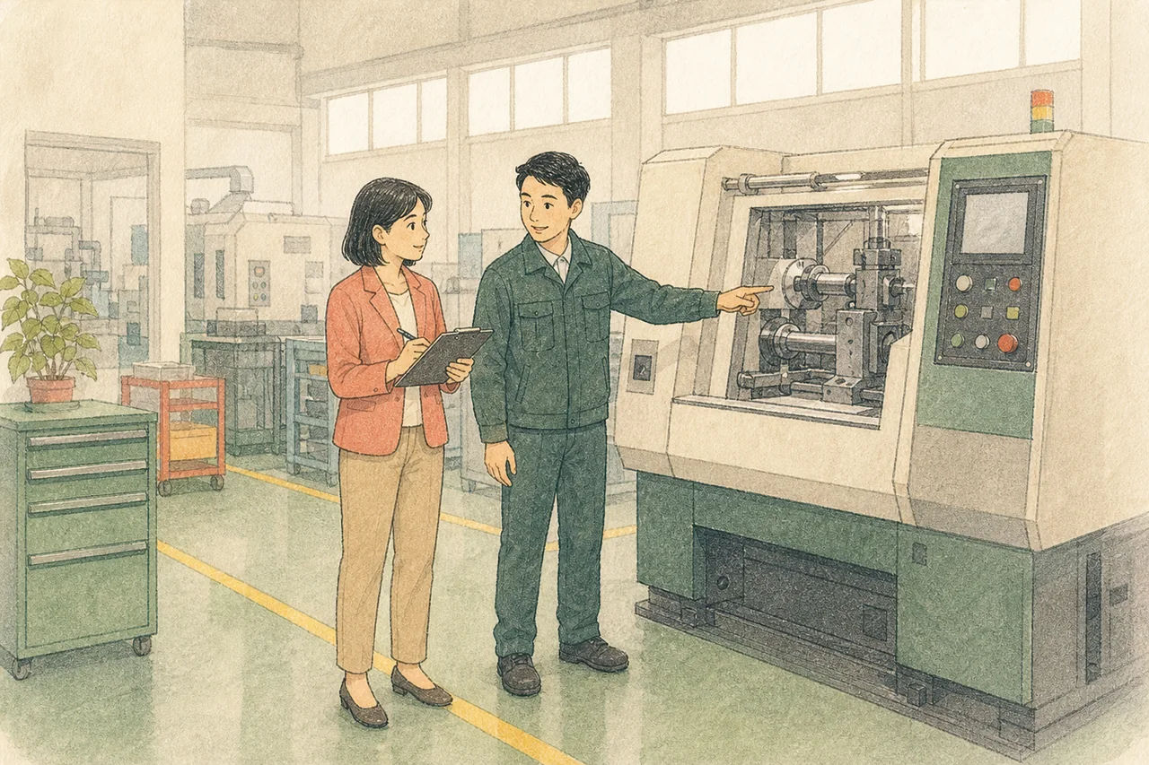 廠長在工業機台旁說明設備，顧問拿夾板記錄的插畫