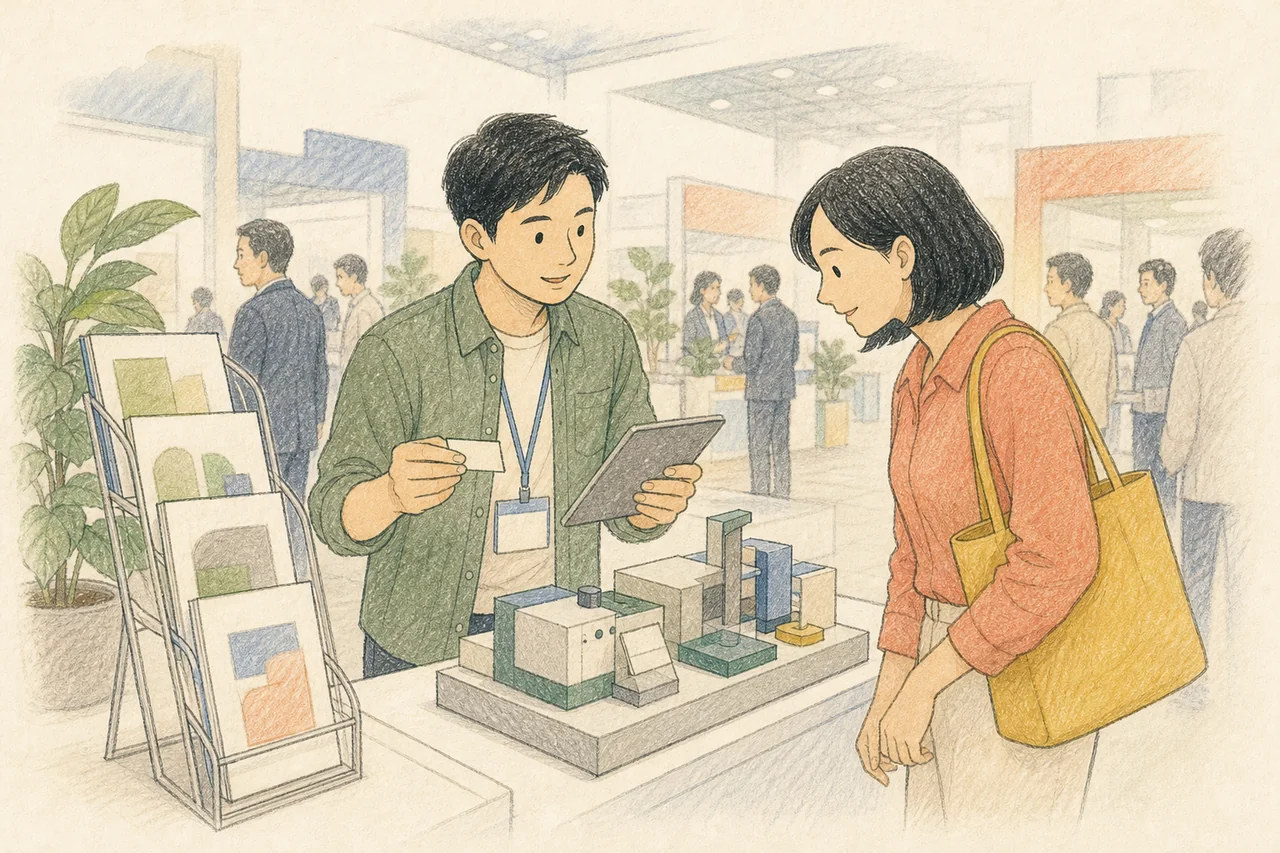 展覽攤位上業務拿著名片與平板，和買主一起看設備模型的插畫