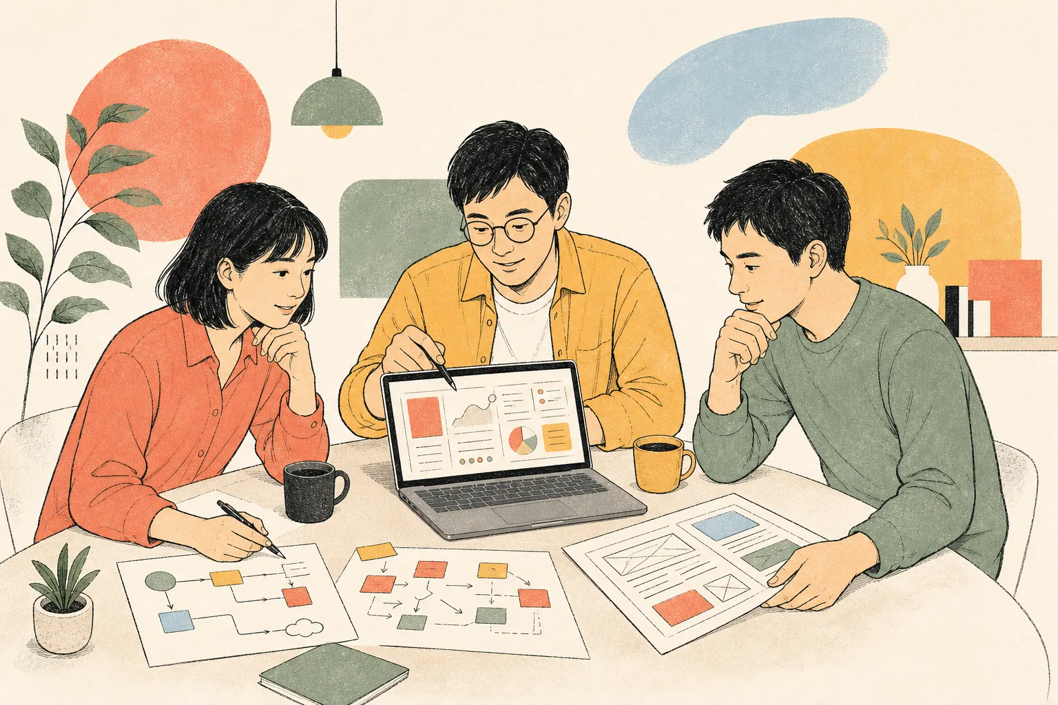 三位團隊成員圍桌檢視網站規劃與工作流程