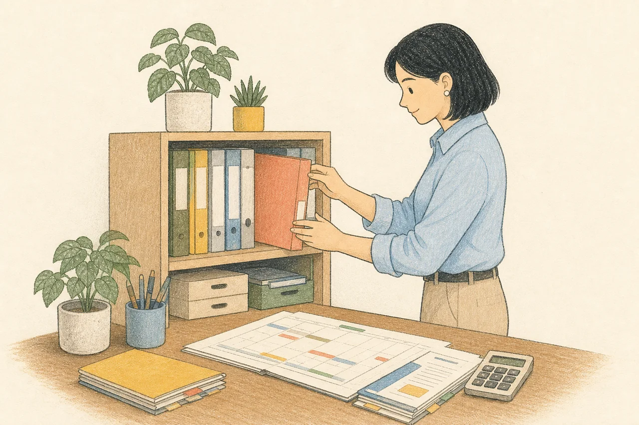 工作者從書架取出專案資料夾的插畫