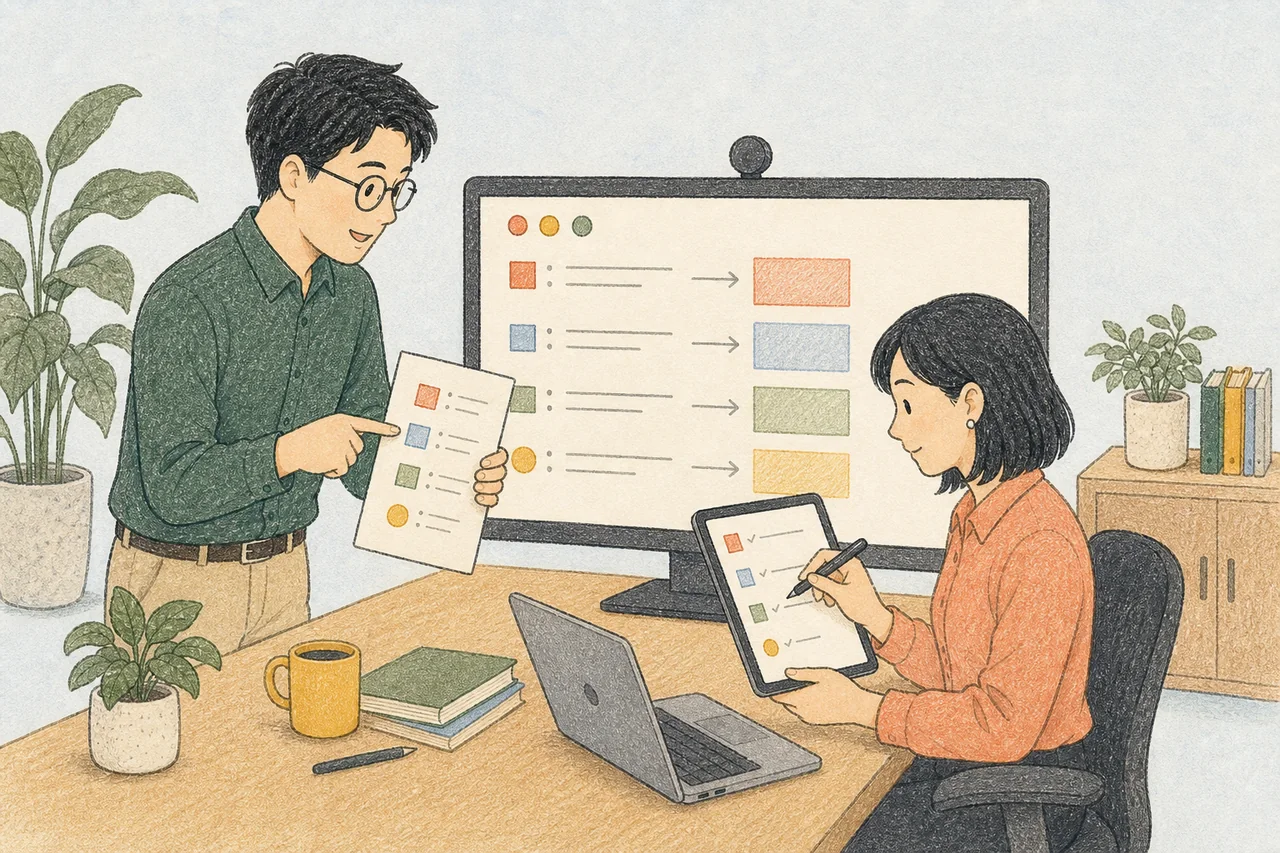 兩位同事比對原始會議筆記與任務清單的插畫