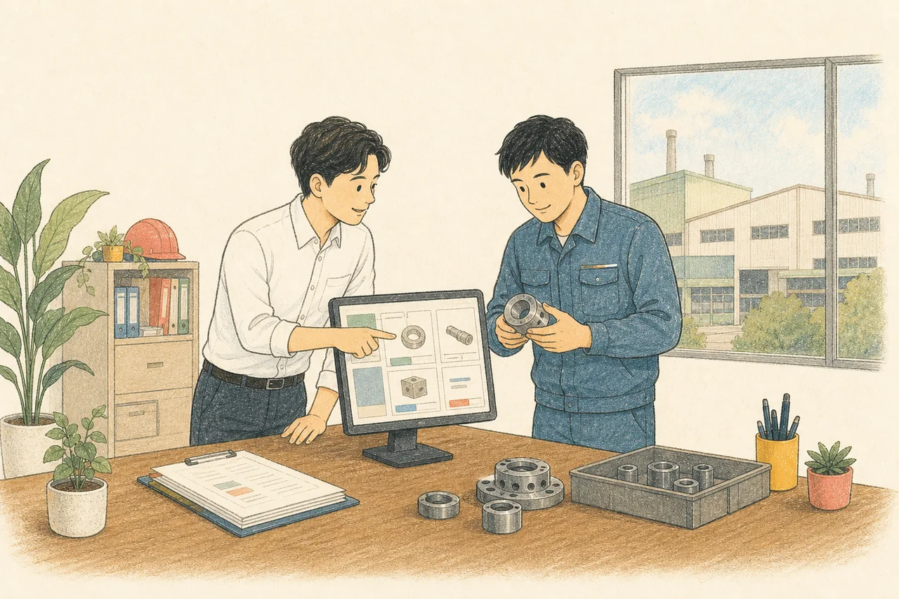 業務與廠區人員拿著加工零件,比對螢幕上規格卡片的插畫