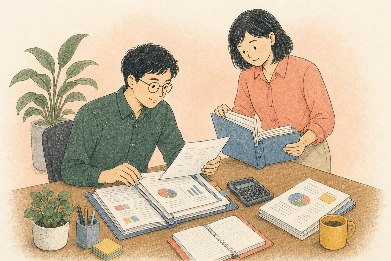 兩位工作者逐頁核對預算及報價附件的插畫