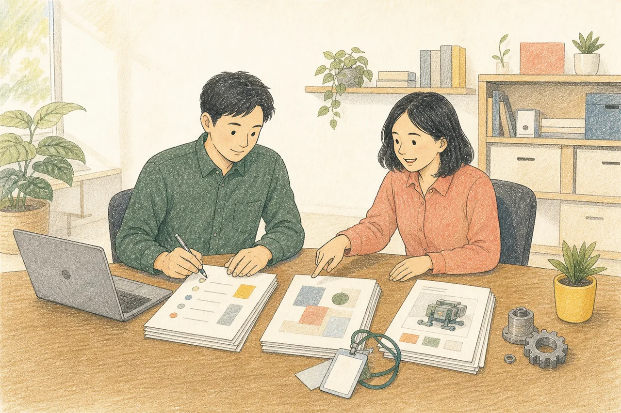兩位工作者把計畫書分成三疊,對照筆電、型錄與設備零件討論的插畫